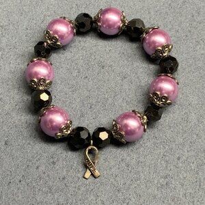 Hope Charm Stretch Bracelet 7 In Purple Pearl Black Faceted Silver BCA Ribbon